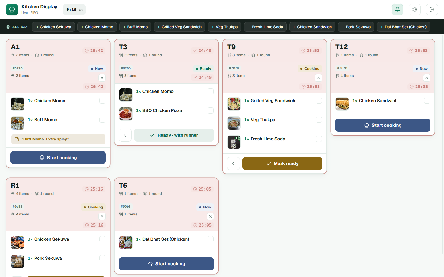 Kitchen tickets move with visible urgency. live screen